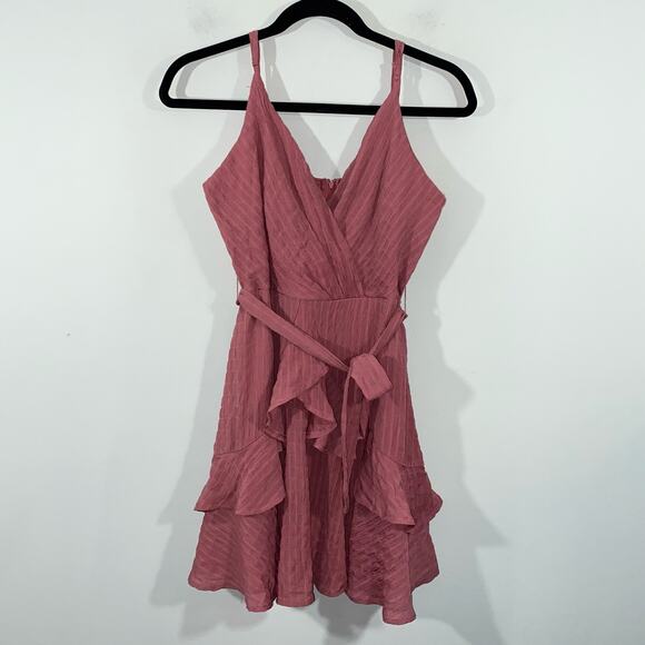 Trixxi Women's Mauve Taupe Ruffle Surplice Fit & Flare Dress Size M - Picture 1 of 6